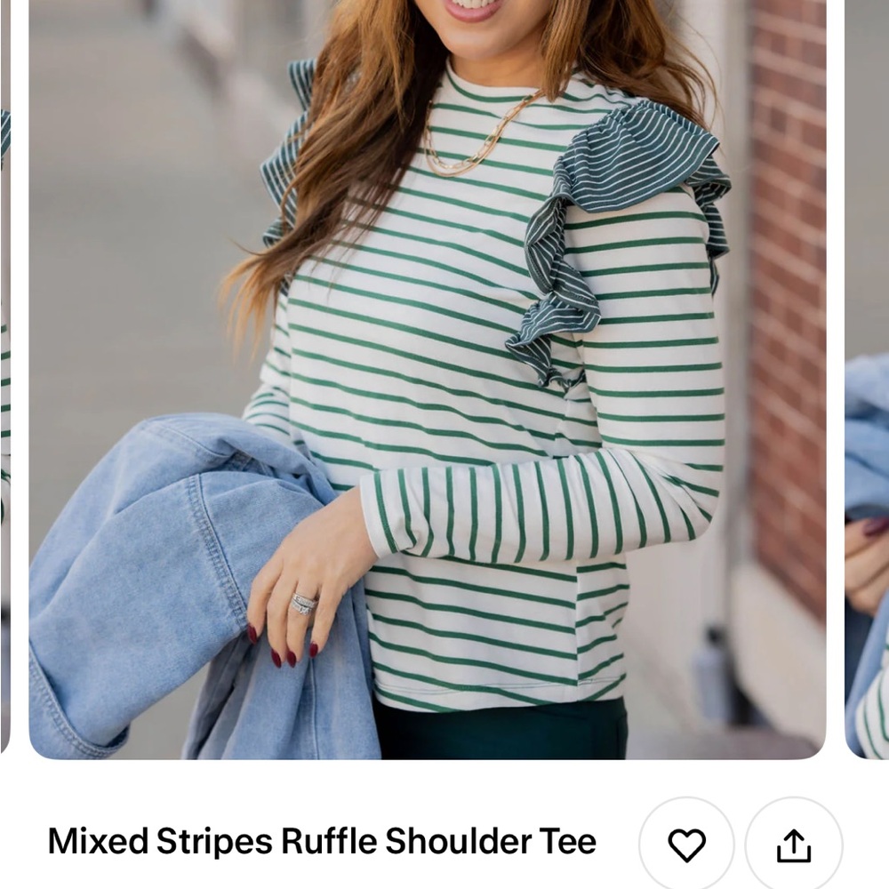 Doe & Rae Green and White Ruffle Shoulder Blouse